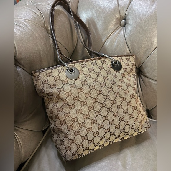 Gucci Handbags - GUCCI Eclipse Tote Handbag Shoulder Bag Brown GG Monogram Canvas Leather Vintage